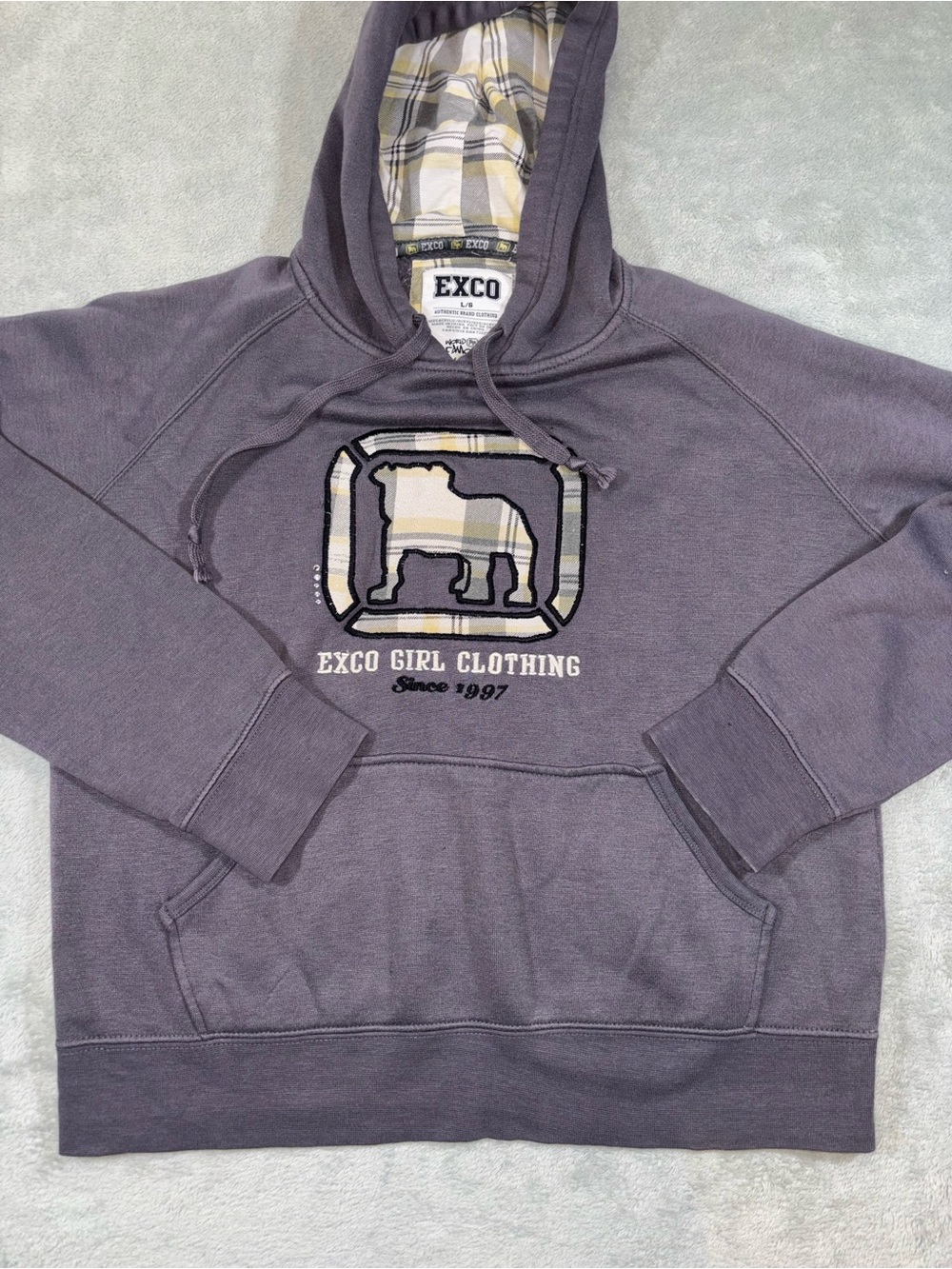 VTG Y2K Exco Girl Clothing Bulldog Graphic Hoodie Plaid Lined Charcoal Gray L